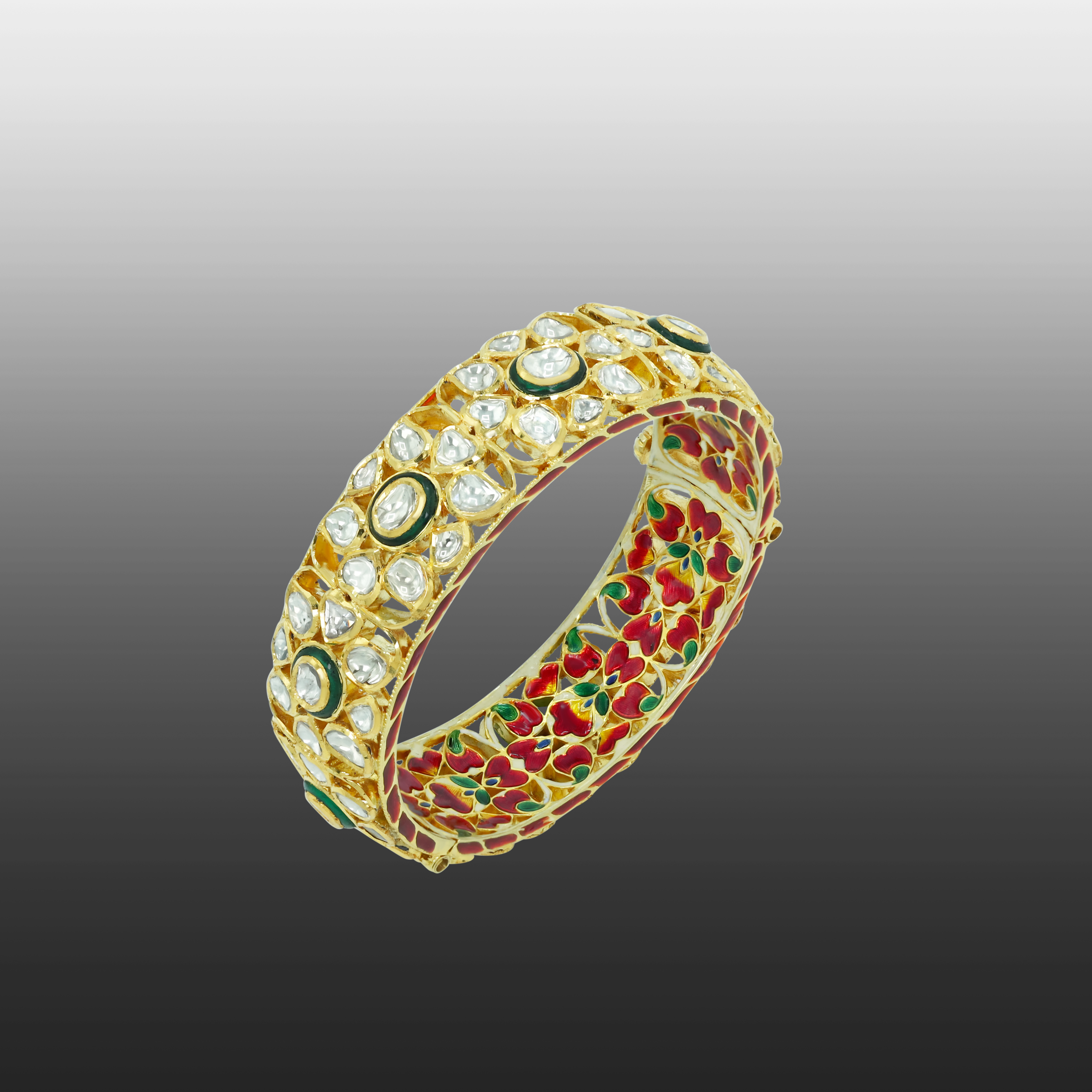 Half-Openable Bangle with Polki and Green Enamel